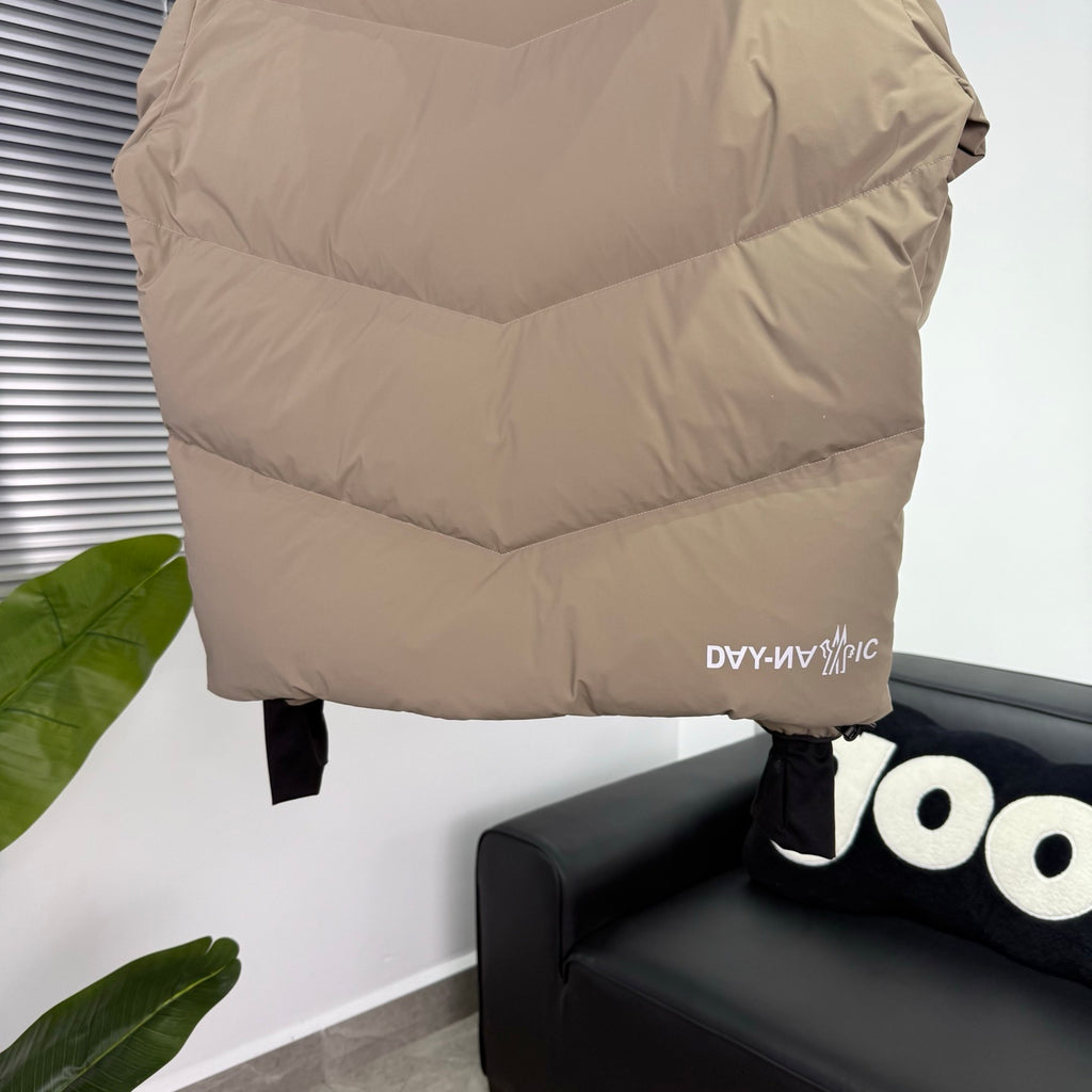 Moncler Grenoble Camel Chaberton Hooded Down Jacket with Tricolor Zip Detail