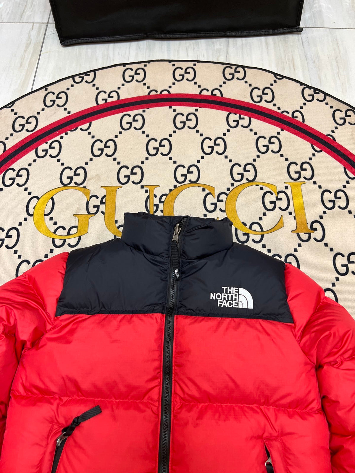The North Face Red Nuptse 700-Fill Down Jacket with Black Contrast Yoke