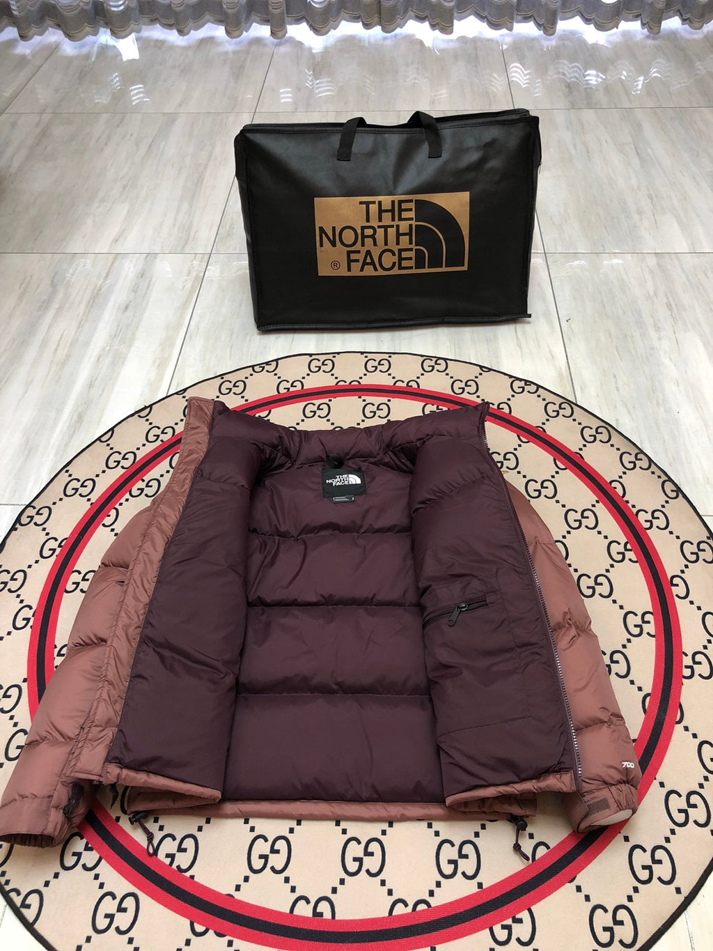 The North Face Brown Nuptse 700-Fill Down Jacket with Dark Burgundy Contrast Yoke