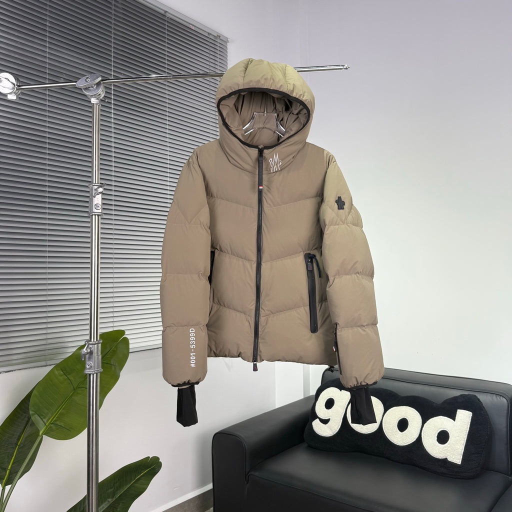 Moncler Grenoble Camel Chaberton Hooded Down Jacket with Tricolor Zip Detail