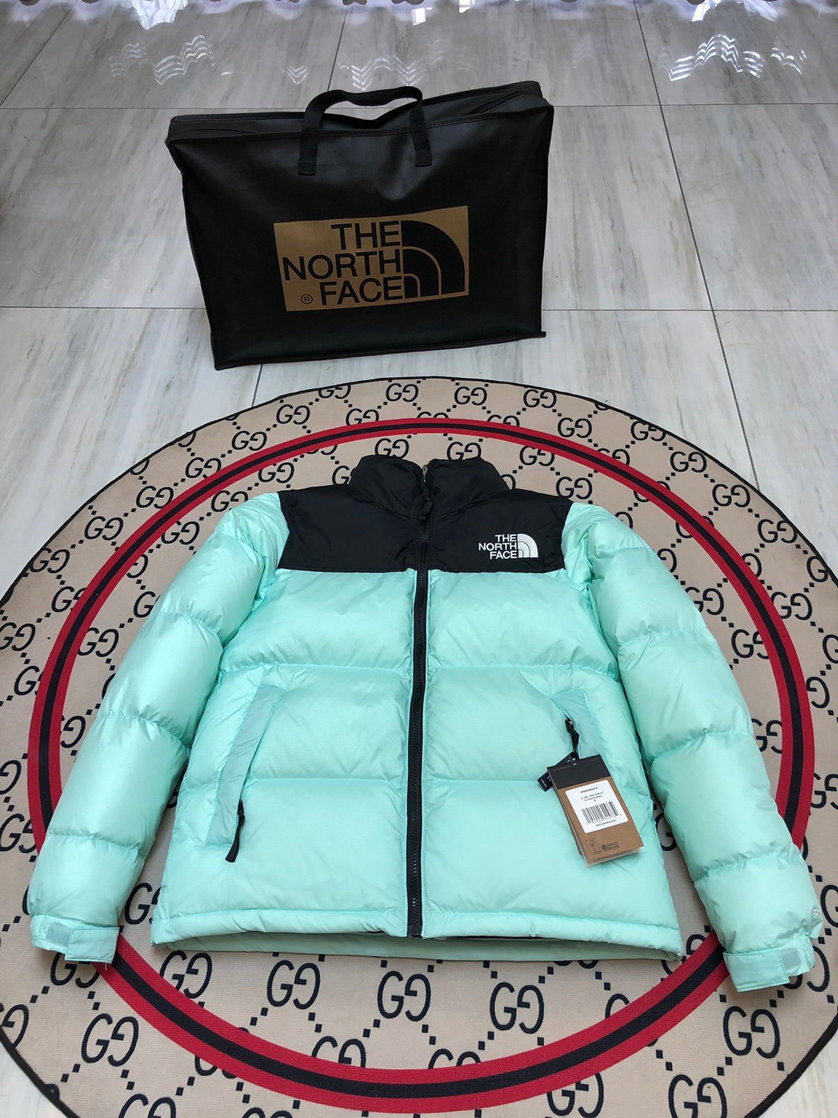 The North Face Mint Nuptse 700-Fill Down Jacket with Black Contrast Yoke