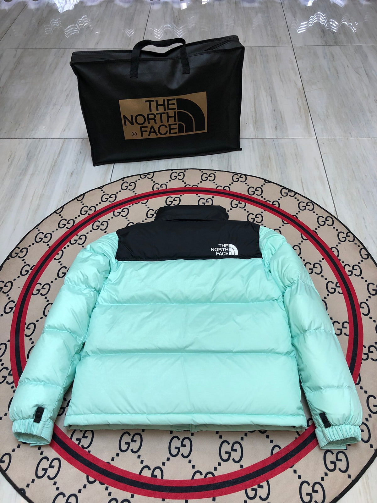 The North Face Mint Nuptse 700-Fill Down Jacket with Black Contrast Yoke