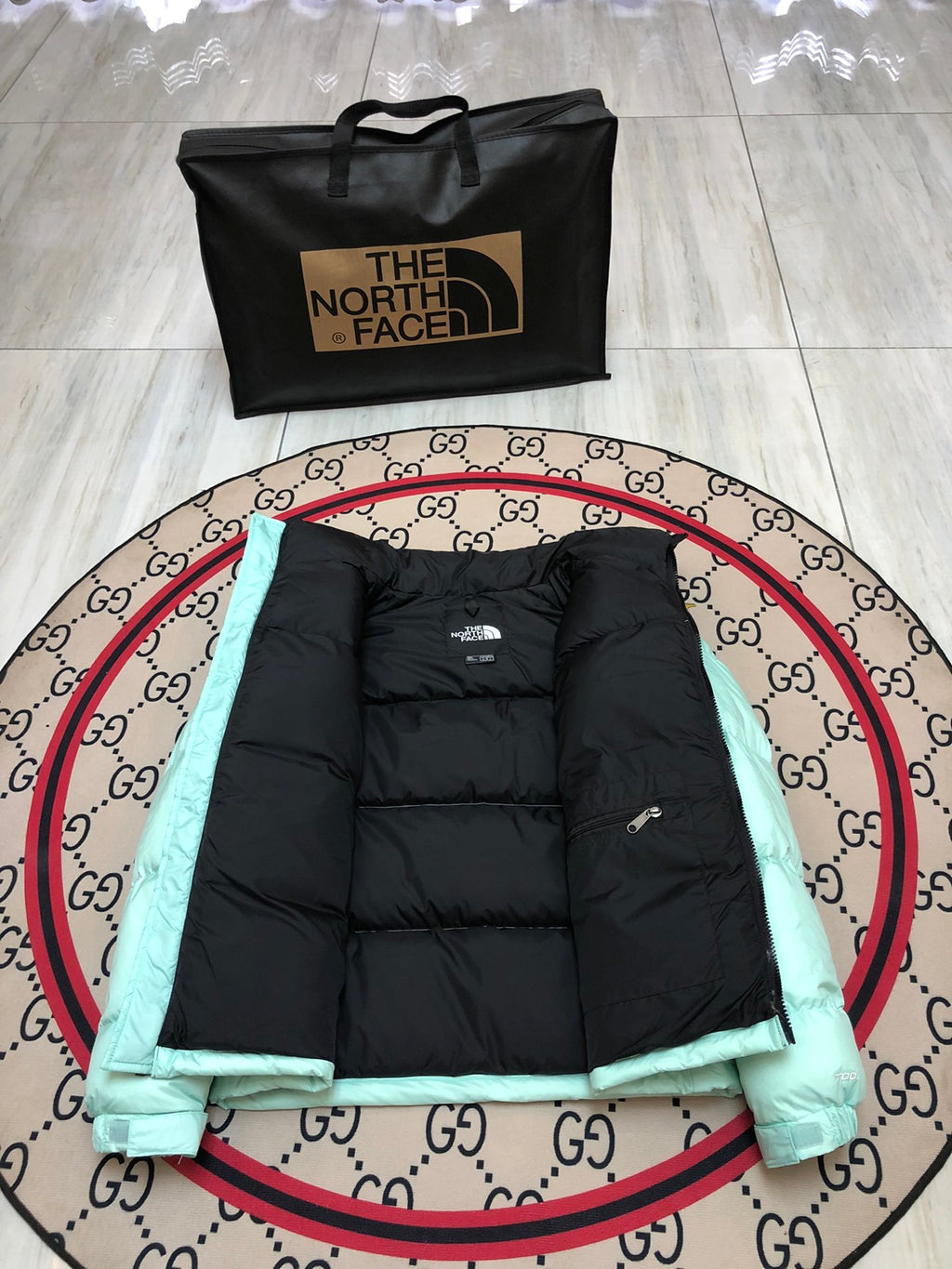 The North Face Mint Nuptse 700-Fill Down Jacket with Black Contrast Yoke