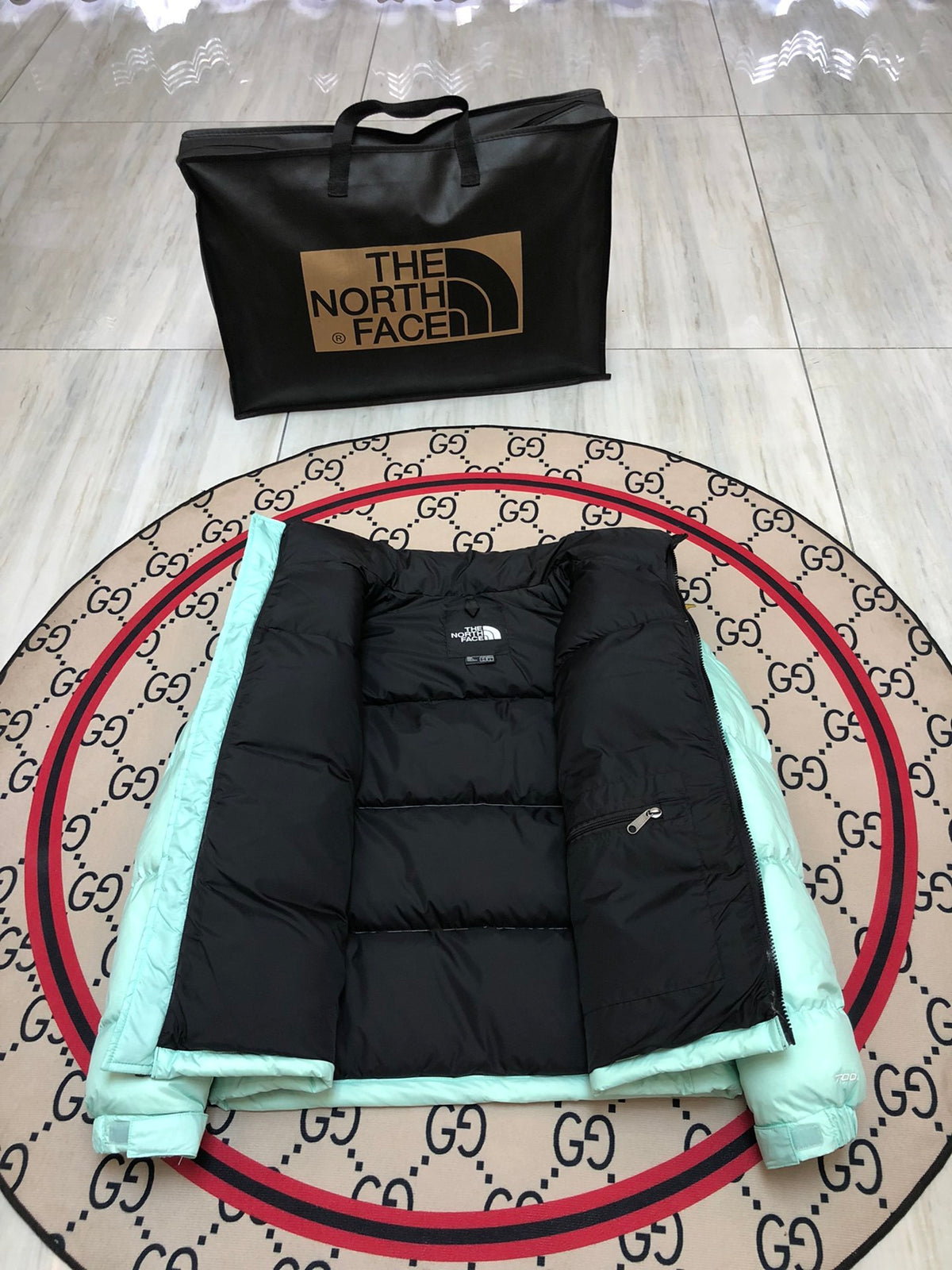 The North Face Mint Nuptse 700-Fill Down Jacket with Black Contrast Yoke