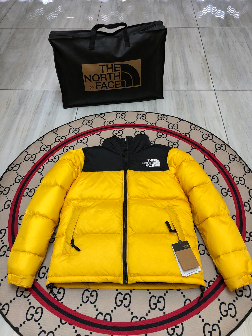 The North Face Yellow Nuptse 700-Fill Down Jacket with Black Contrast Yoke