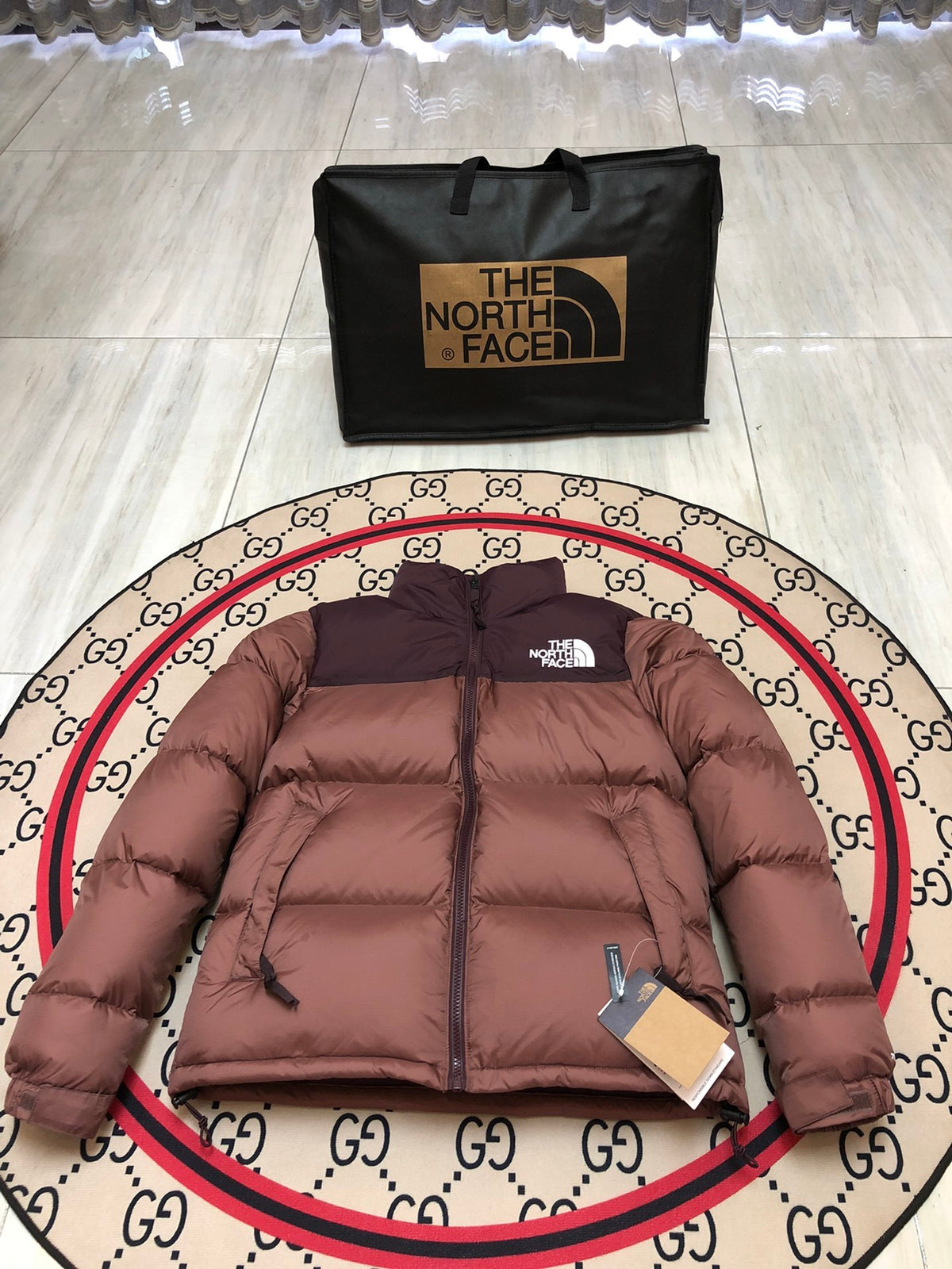 The North Face Brown Nuptse 700-Fill Down Jacket with Dark Burgundy Contrast Yoke