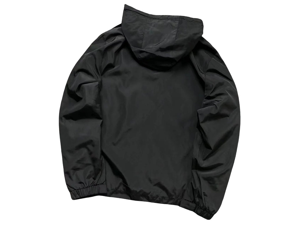 Moncler Black Hooded Windbreaker Jacket with Chevron Stripe Sleeves
