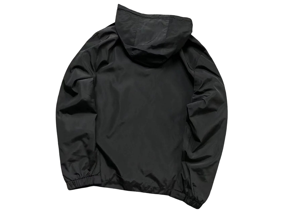 Moncler Black Hooded Windbreaker Jacket with Chevron Stripe Sleeves