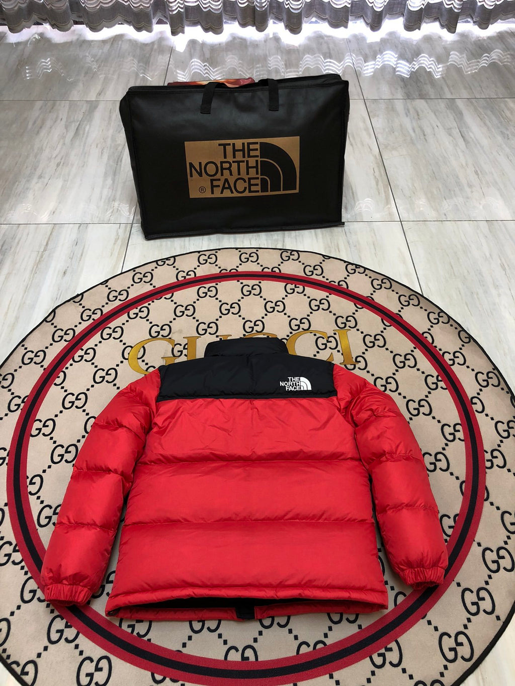 The North Face Red Nuptse 700-Fill Down Jacket with Black Contrast Yoke