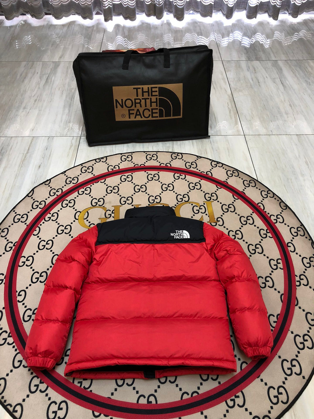The North Face Red Nuptse 700-Fill Down Jacket with Black Contrast Yoke