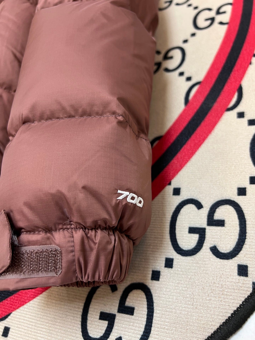 The North Face Brown Nuptse 700-Fill Down Jacket with Dark Burgundy Contrast Yoke