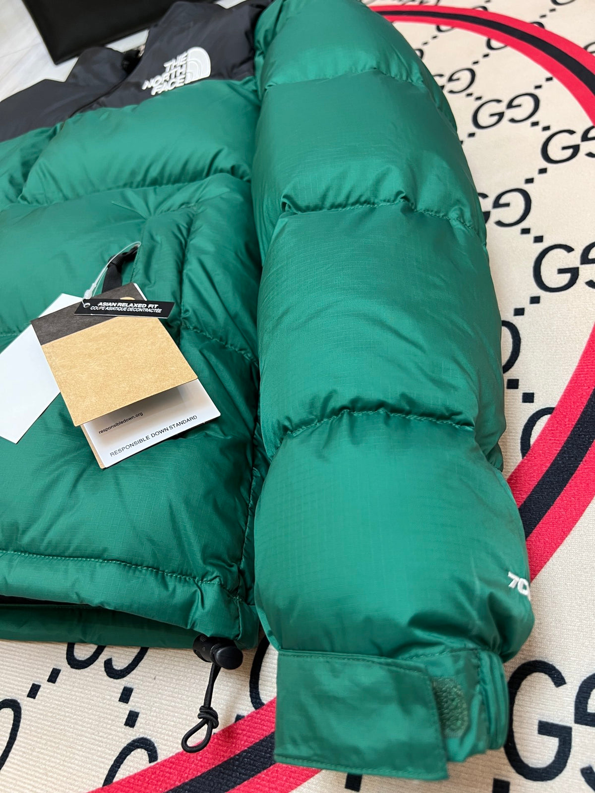 The North Face Green Nuptse 700-Fill Down Jacket with Black Contrast Yoke