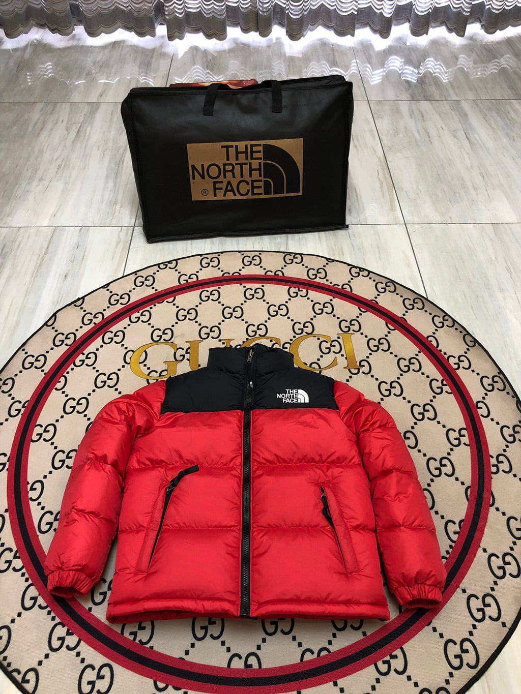 The North Face Red Nuptse 700-Fill Down Jacket with Black Contrast Yoke
