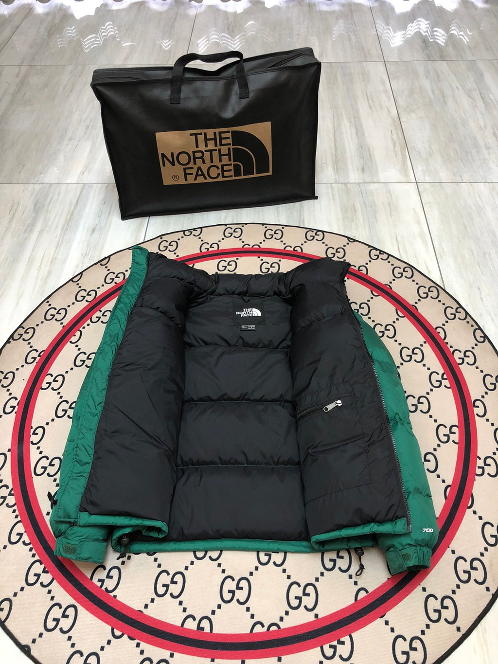 The North Face Green Nuptse 700-Fill Down Jacket with Black Contrast Yoke