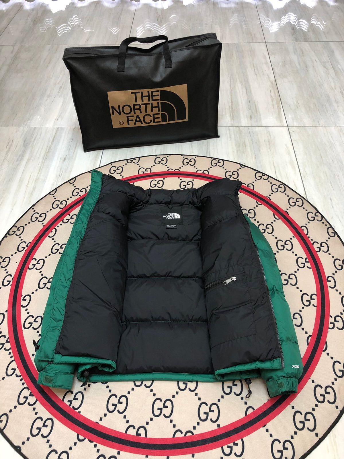 The North Face Green Nuptse 700-Fill Down Jacket with Black Contrast Yoke