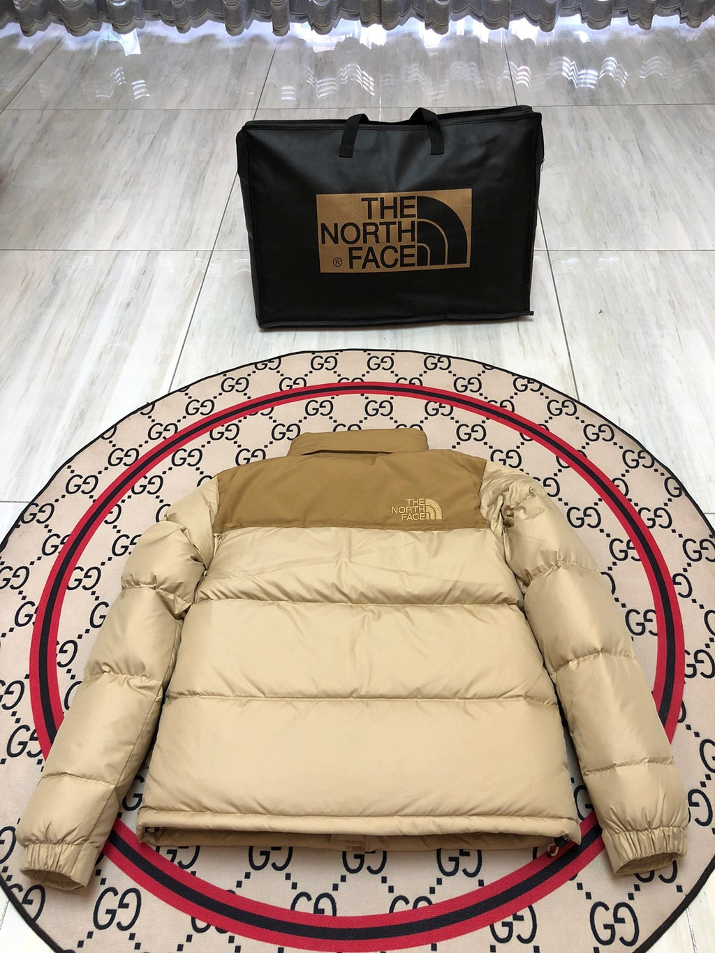 The North Face Khaki Nuptse 700-Fill Down Jacket with Tan Contrast Yoke