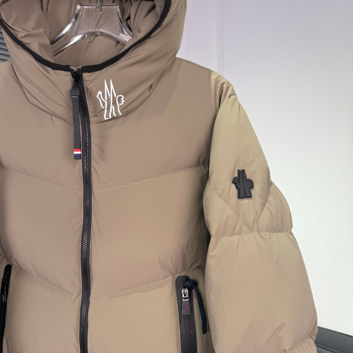 Moncler Grenoble Camel Chaberton Hooded Down Jacket with Tricolor Zip Detail
