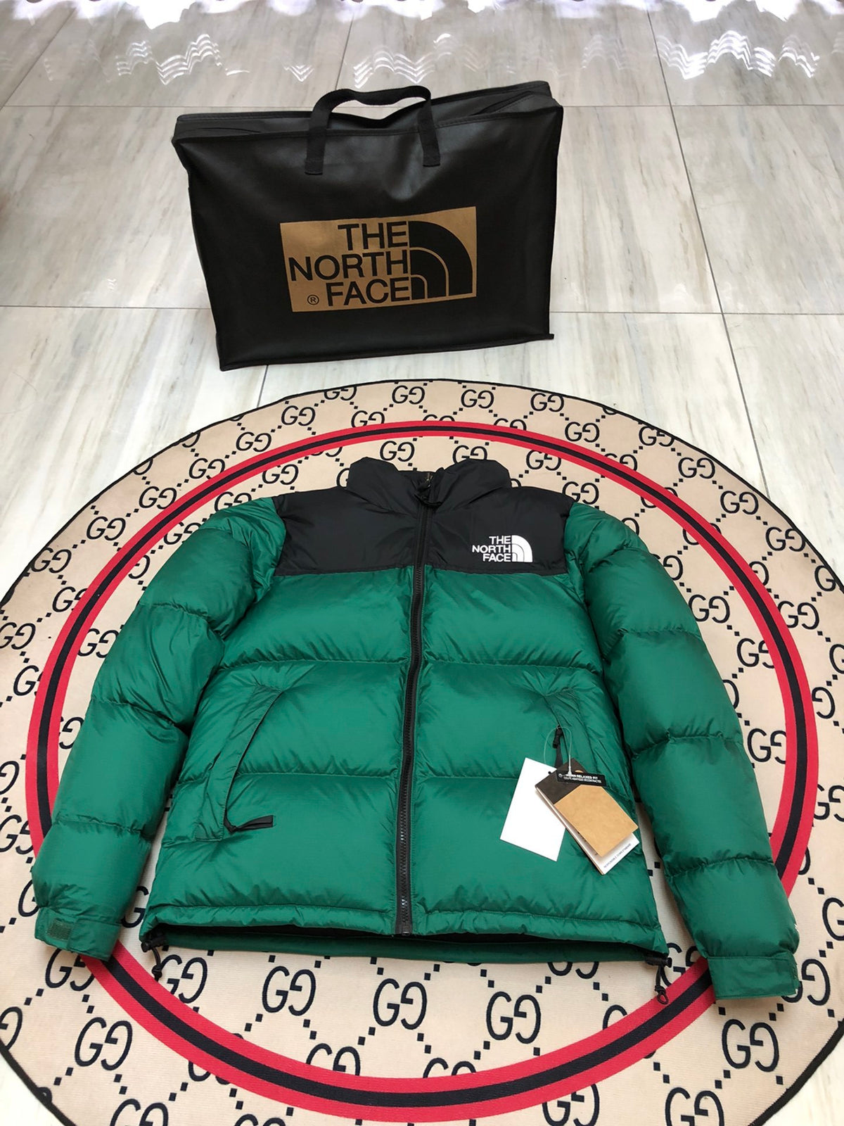 The North Face Green Nuptse 700-Fill Down Jacket with Black Contrast Yoke