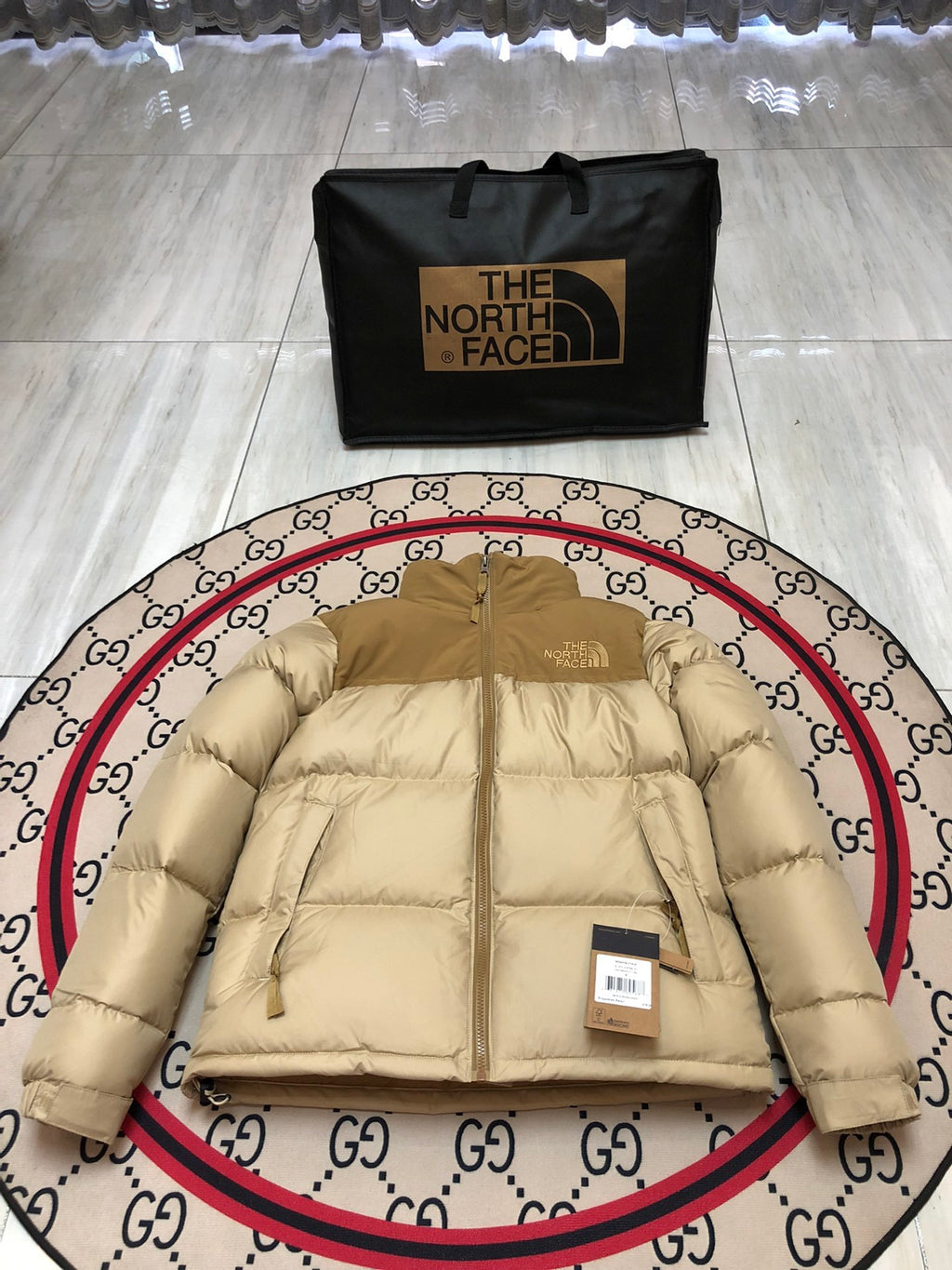 The North Face Khaki Nuptse 700-Fill Down Jacket with Tan Contrast Yoke