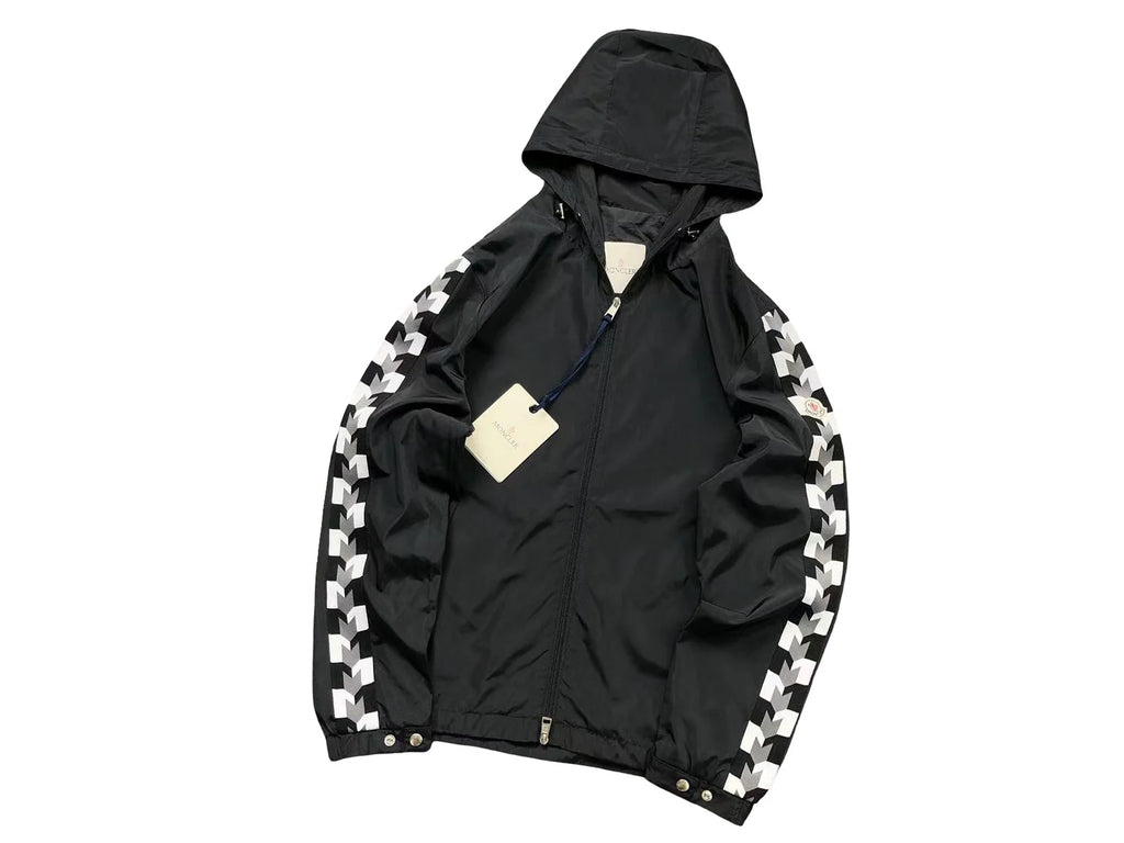 Moncler Black Hooded Windbreaker Jacket with Chevron Stripe Sleeves
