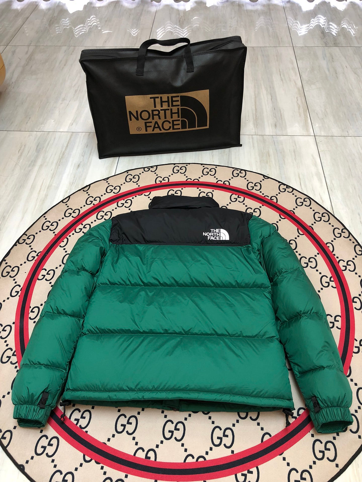 The North Face Green Nuptse 700-Fill Down Jacket with Black Contrast Yoke