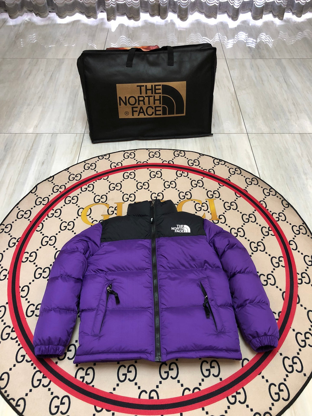 The North Face Purple Nuptse 700-Fill Down Jacket with Black Contrast Yoke