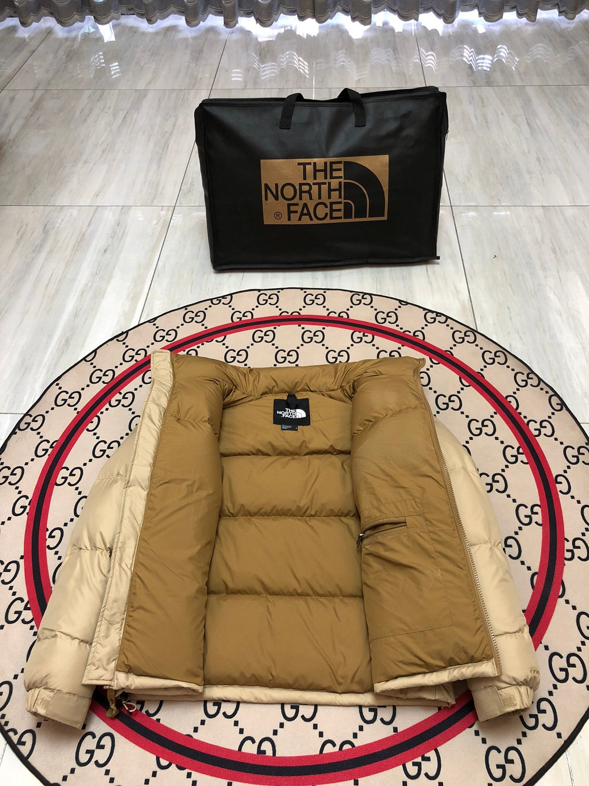The North Face Khaki Nuptse 700-Fill Down Jacket with Tan Contrast Yoke