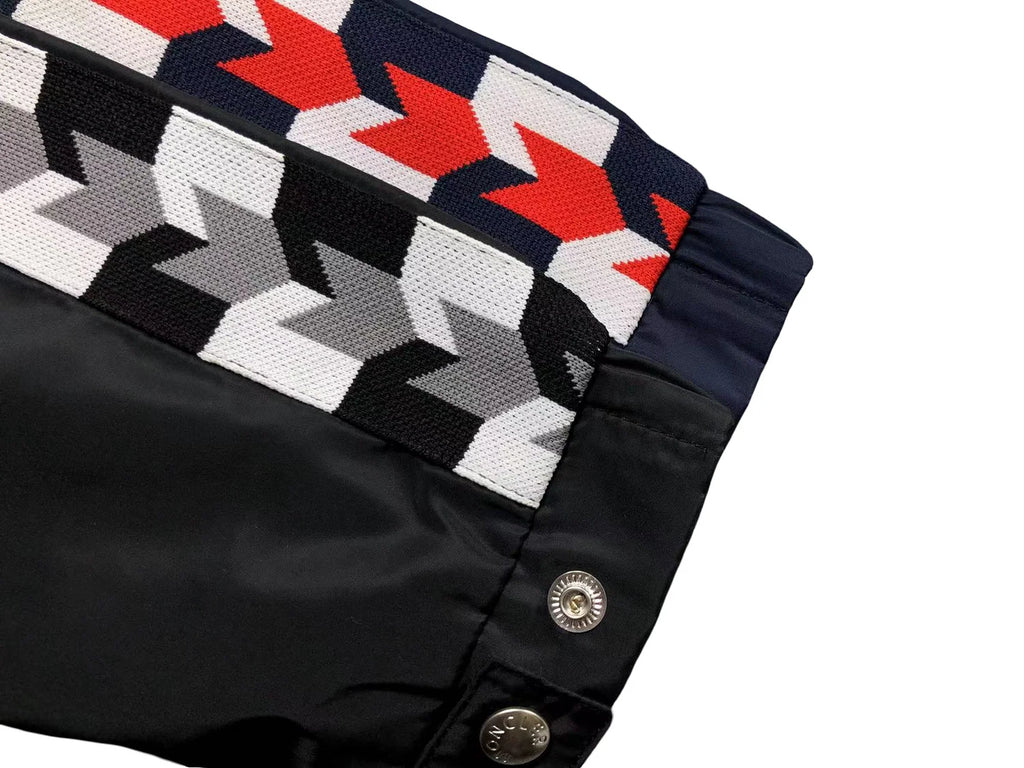 Moncler Black Hooded Windbreaker Jacket with Chevron Stripe Sleeves