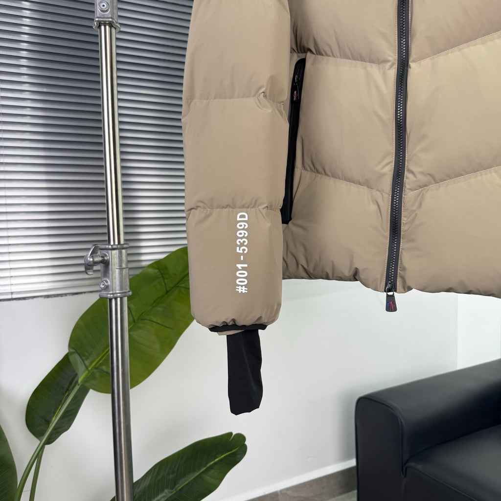 Moncler Grenoble Camel Chaberton Hooded Down Jacket with Tricolor Zip Detail